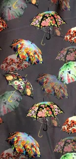 Mobile wallpaper with colorful floral umbrellas on dark gray background.