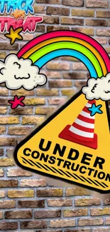 Colorful 'Under Construction' design with rainbow and clouds on brick background.