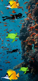 Diving silhouettes with tropical fish and turtles in colorful underwater scene.