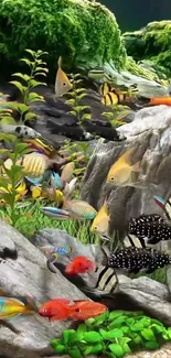 Vibrant aquarium with colorful fish and greenery.