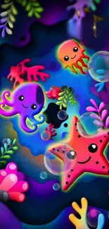 Colorful cartoon sea creatures with bubbles on a vibrant blue background.