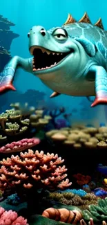 Cartoon sea creature swimming in a colorful coral reef scene.