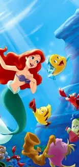 Mermaid with sea creatures in a vibrant underwater scene.