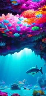 Vibrant underwater cavern with colorful corals and a fish swimming below.