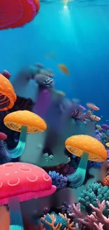 Colorful underwater fantasy wallpaper with mushrooms and coral.