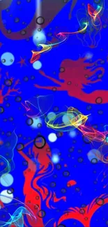 Abstract underwater wallpaper with colorful mermaids and neon bubbles.