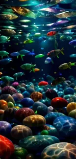 Colorful fish and stones underwater mobile wallpaper.