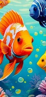 Illustrated vibrant fish swimming underwater with colorful corals.