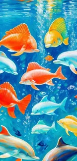 Vibrant underwater marine life wallpaper featuring colorful fish.