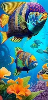 Colorful fish swimming in vibrant underwater scene with tropical flowers.