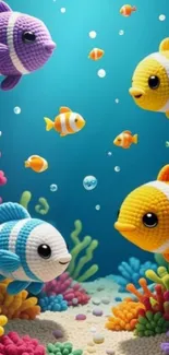 Vibrant underwater scene with knitted fish in colorful ocean setting.