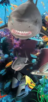 Vibrant underwater scene with sharks and colorful fish.