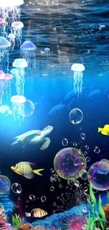 Colorful underwater ocean wallpaper with fish and sea turtles.