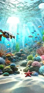 Underwater scene with coral reefs, a turtle, and fish.