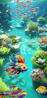 Colorful underwater landscape with coral reefs and fish.