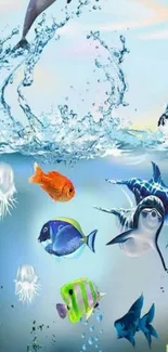 Vibrant underwater wallpaper with marine life including dolphins and colorful fish.