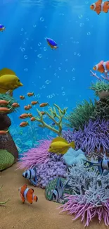 A vibrant underwater scene with colorful fish and corals in blue ocean water.