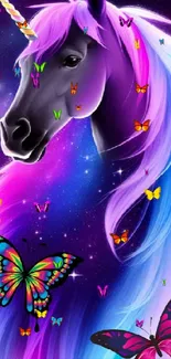 Vibrant unicorn and butterflies on a galaxy background.