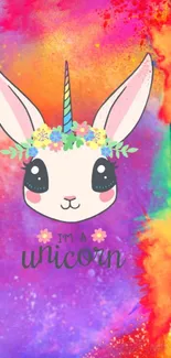 Colorful unicorn bunny with a floral headband on a vibrant background.