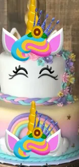 Two-tiered unicorn cake with pastel hues and rainbow details.