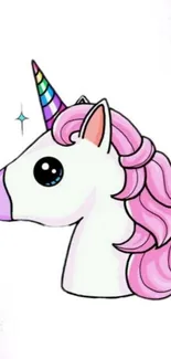 Adorable unicorn cartoon wallpaper with a pastel pink mane and colorful horn.