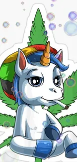 Colorful unicorn cartoon with bubbles and leaf background.