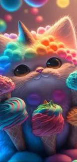 Adorable unicorn cat surrounded by colorful ice cream cones.