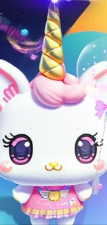 Adorable cartoon unicorn cat with colorful horn and pink highlights.