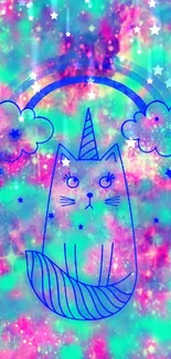 Vibrant unicorn cat with rainbow and clouds on a galaxy background.