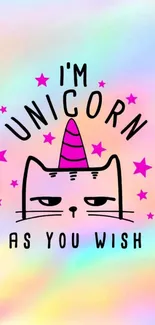 Pastel unicorn cat with text on rainbow background.