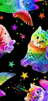 Colorful unicorn cats with wings and stars on a black background.