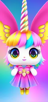 Cute unicorn character with colorful wings and rainbow background.