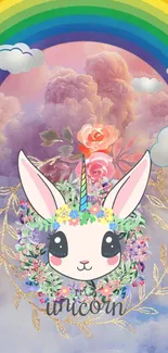 Whimsical unicorn with rainbow and clouds wallpaper design.