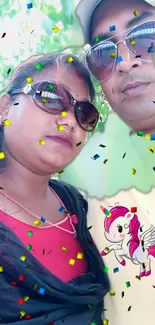 Couple with sunglasses and unicorn on vibrant background.