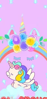 Adorable pastel unicorn with rainbow and flowers mobile wallpaper.