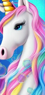 Unicorn with rainbow mane and bubbles on blue background.