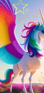 Fantasy unicorn with rainbow wings and magical stars background.