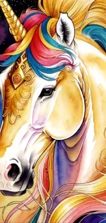 Colorful unicorn with rainbow mane and gold accents in fantasy art wallpaper.