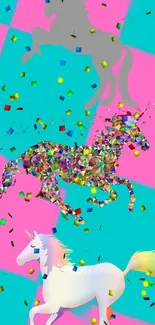 Vibrant unicorns with confetti on turquoise and pink background.