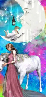 Vibrant fantasy wallpaper with unicorn and moon.