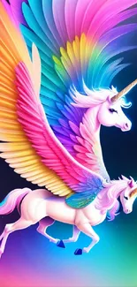 Colorful unicorns with vibrant wings against a dark galaxy background.