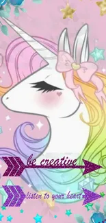 Enchanting unicorn with pastel rainbow mane on a pink background, featuring quotes.