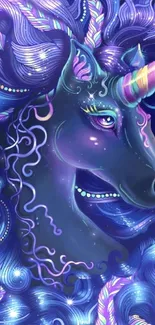 Colorful fantasy unicorn wallpaper with dark blue hues.