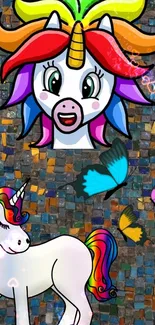 Vibrant unicorn art with colorful butterflies on a mosaic background.