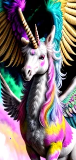 A colorful unicorn with rainbow wings in a cosmic fantasy setting.