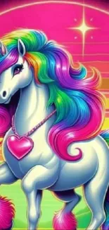 Colorful unicorn with rainbow mane on a magical pink background.