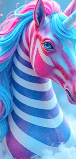 Colorful unicorn with pink stripes and blue mane in a magical cloud setting.