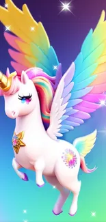 Vibrant unicorn with colorful wings and glowing background.