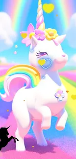 Cute unicorn on colorful rainbow field with blue sky.