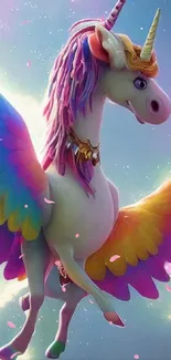 A colorful unicorn with rainbow wings flying in a dreamy sky.